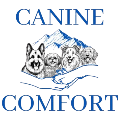 Blue logo: Four dogs, mountains, hands, "Canine Comfort" text.