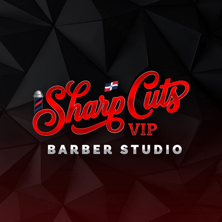 Sharp Cuts VIP barber studio logo in red and white on a dark geometric background