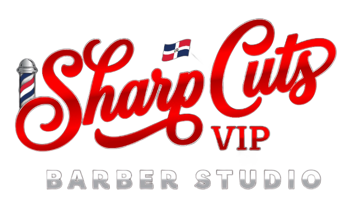 Sharp Cuts VIP barber studio logo in red, white, and blue