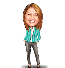 Woman with enlarged head, smiling, hands in pockets, wearing turquoise jacket, gray pants, black shoes.