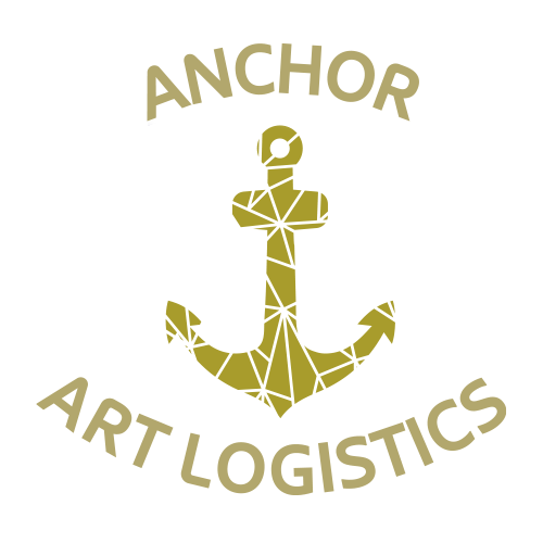 the logo for anchor art logistics shows an anchor made of triangles .