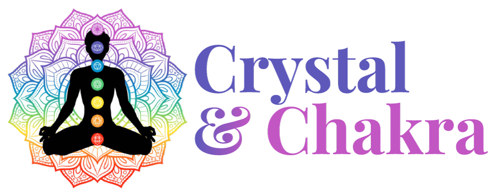 Silhouette of person in lotus pose with chakra colors, surrounded by a mandala. Text: Crystal & Chakra.