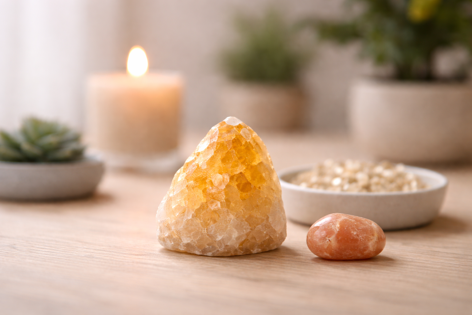 Citrine crystals and a candle on a wooden table, with small plants in the background.