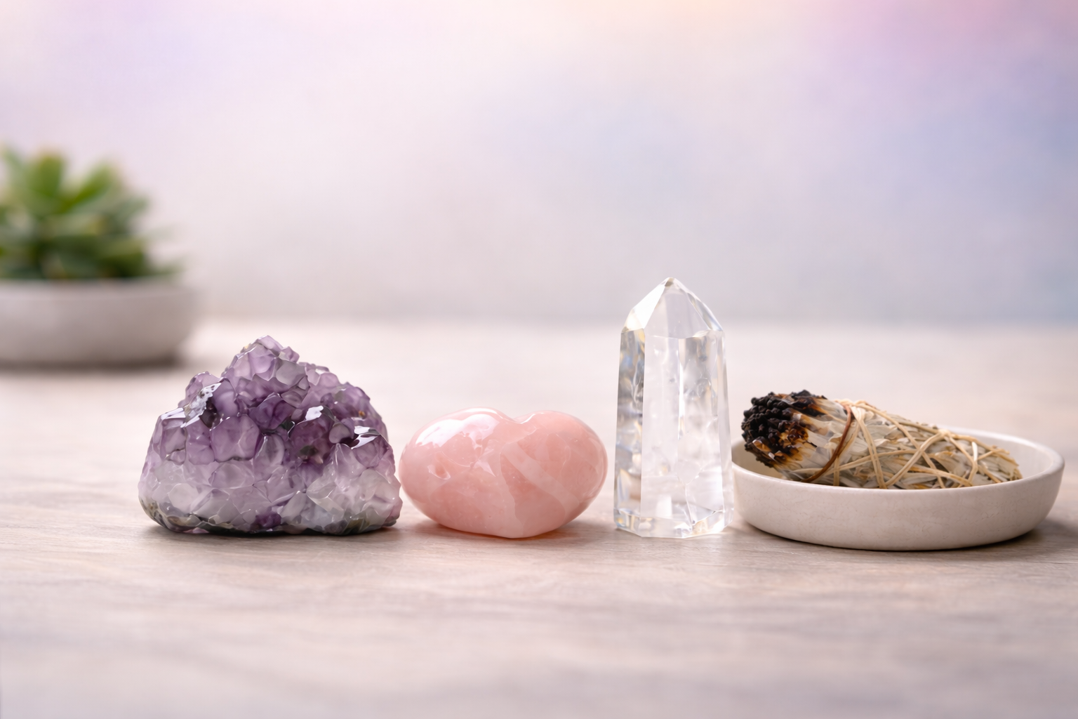 Amethyst crystal, rose quartz heart, clear quartz tower, and sage bundle on a table.