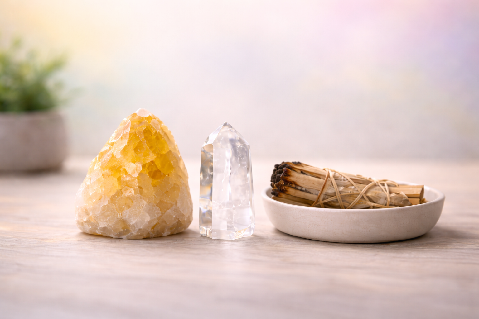 Citrine and quartz crystals next to a smudge stick in a small bowl; pale background.