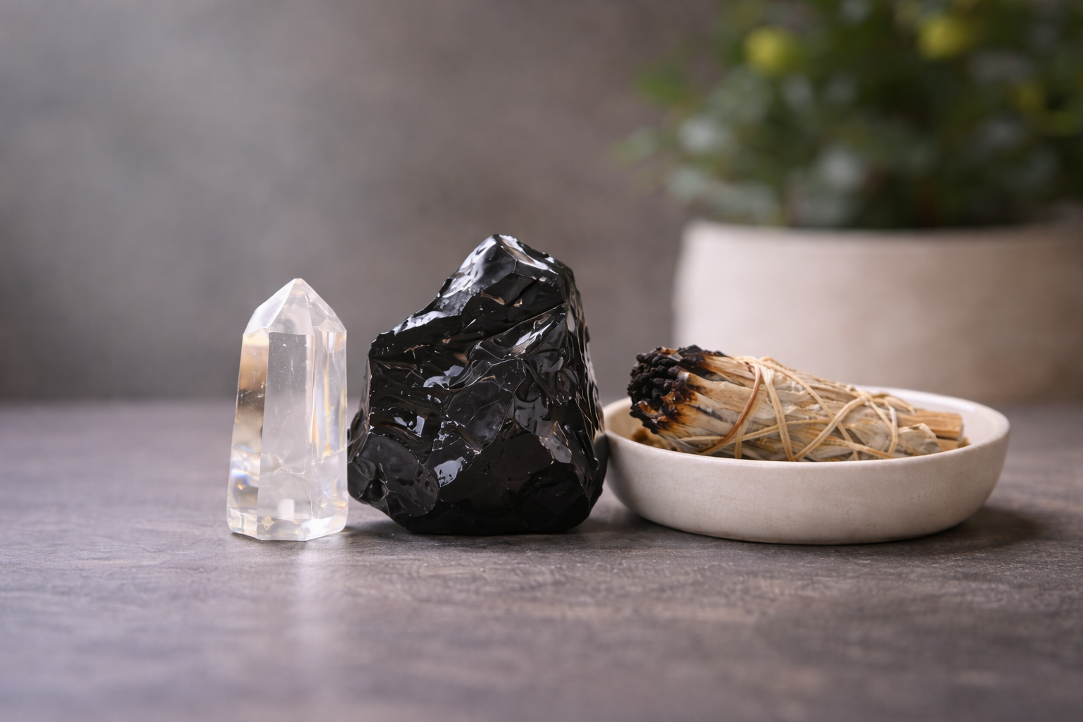 Clear quartz crystal, black obsidian stone, and sage bundle in a white dish on a gray surface.