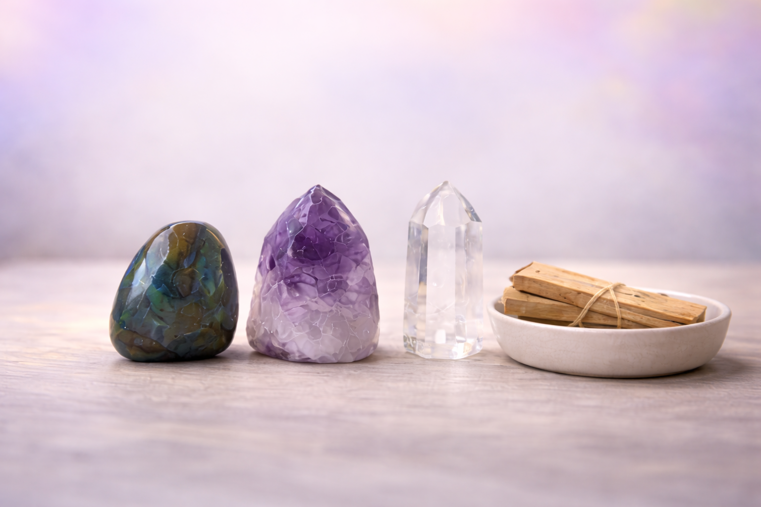 An assortment of crystals and Palo Santo sticks on a light-colored surface with a blurry background.