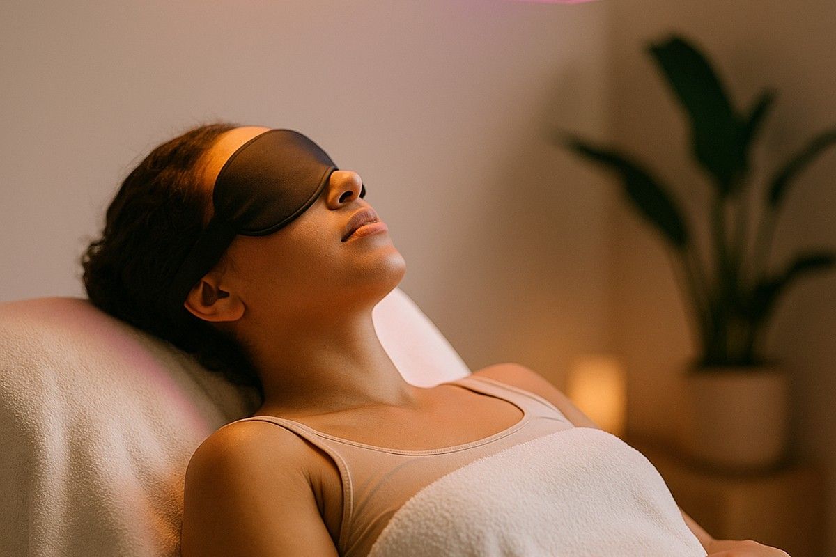 Woman wearing eye mask, reclining on a spa bed, looking relaxed.