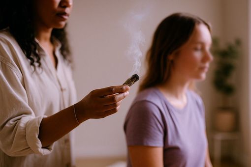 Woman holding smoldering sage wand, wafting smoke near another woman in a room.
