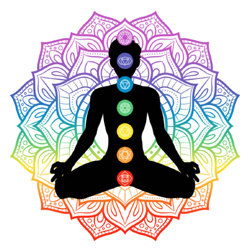 Silhouette in lotus pose with chakra symbols, set against a rainbow mandala.