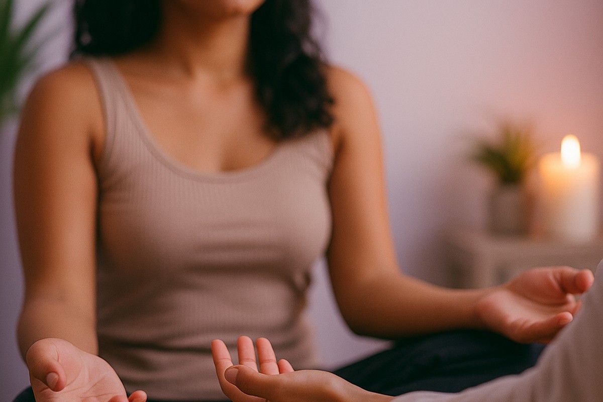 Woman in meditation pose, lit by a candle. Soft colors and a calm setting.
