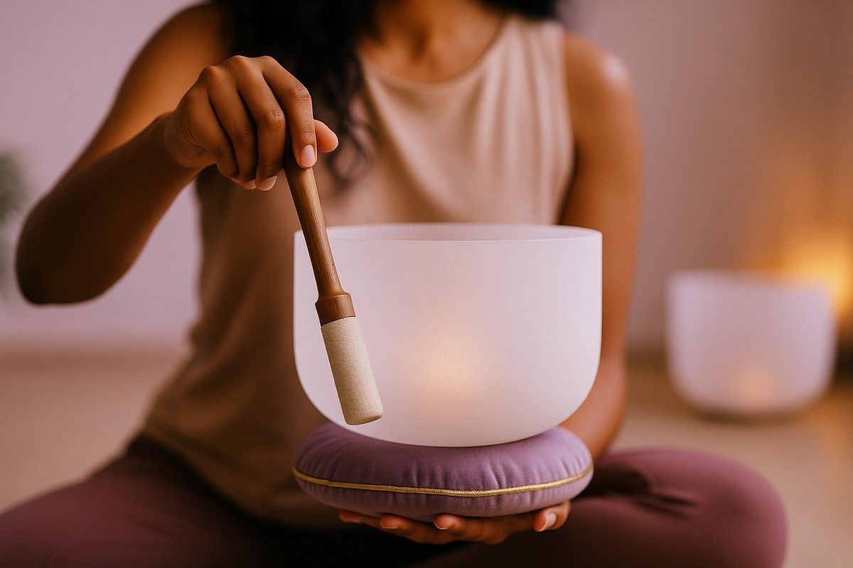Woman striking a frosted crystal singing bowl with a mallet during a sound healing session.