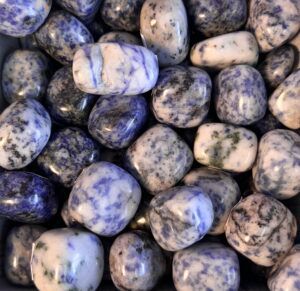 Tumbled sodalite stones, various shapes, in shades of blue and white, with speckled patterns.