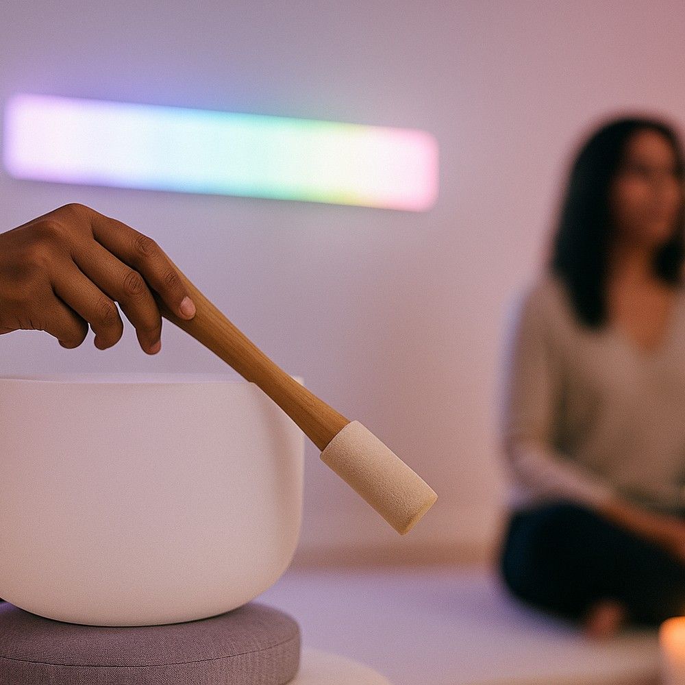 Experience crystal bowls plus chakra light therapy in one powerful session. $350. Call (832) 266-8595 to book.