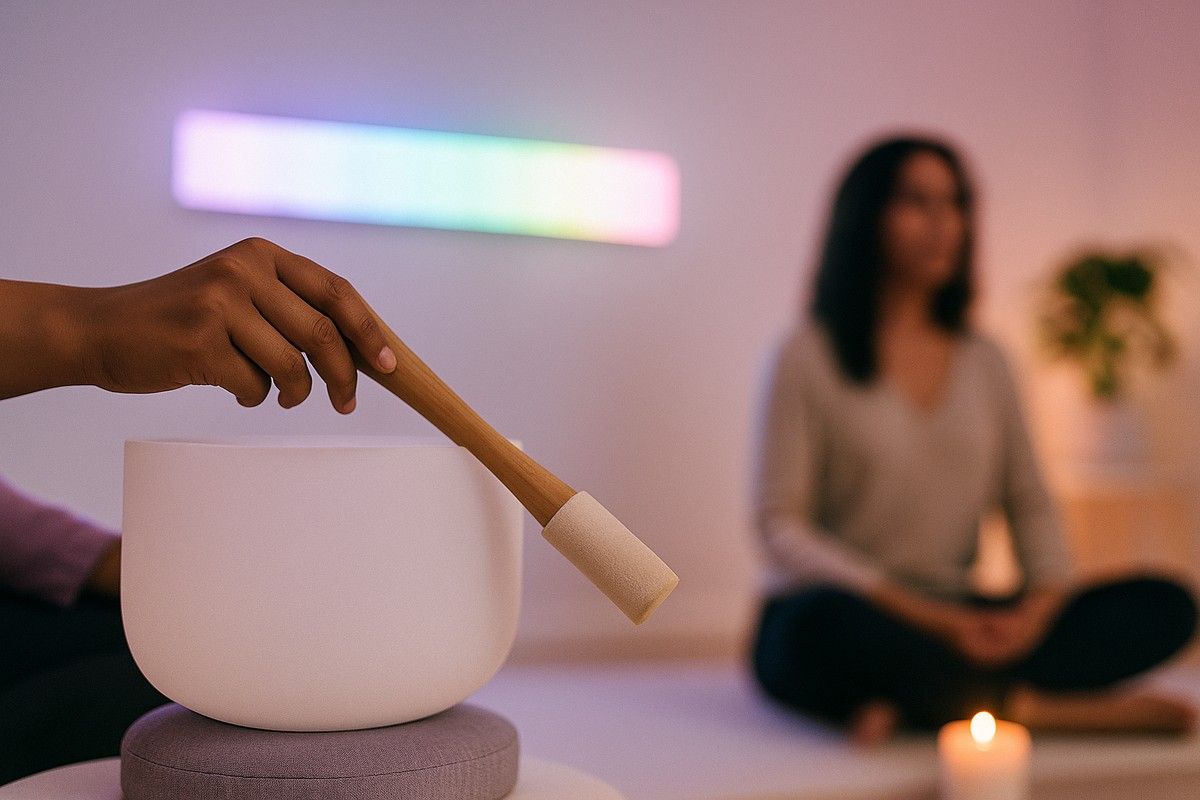 Person strikes a crystal bowl during meditation; another person sits, eyes closed; candles and colorful wall light.