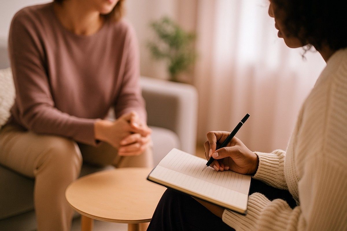 Therapist takes notes while patient sits on a couch, talking. Indoor setting with a plant.