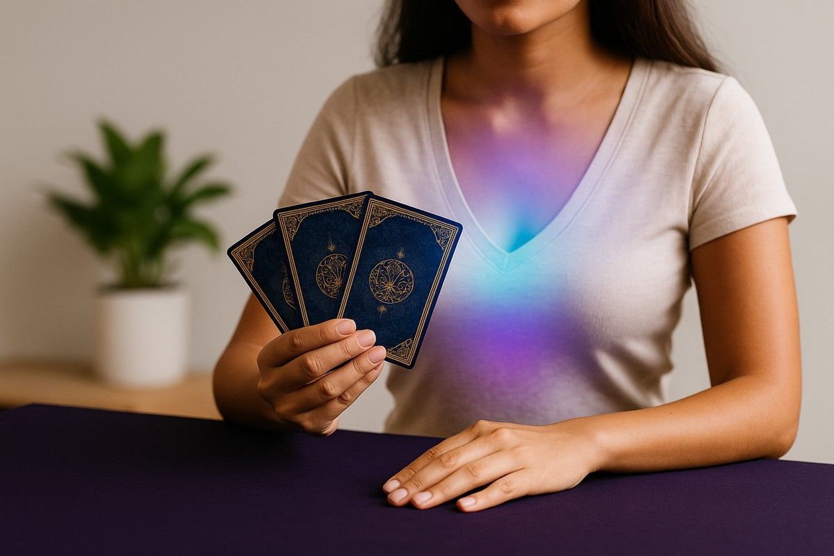 Hand pointing at open notebook on a table with amethyst, pendulum, and candle.