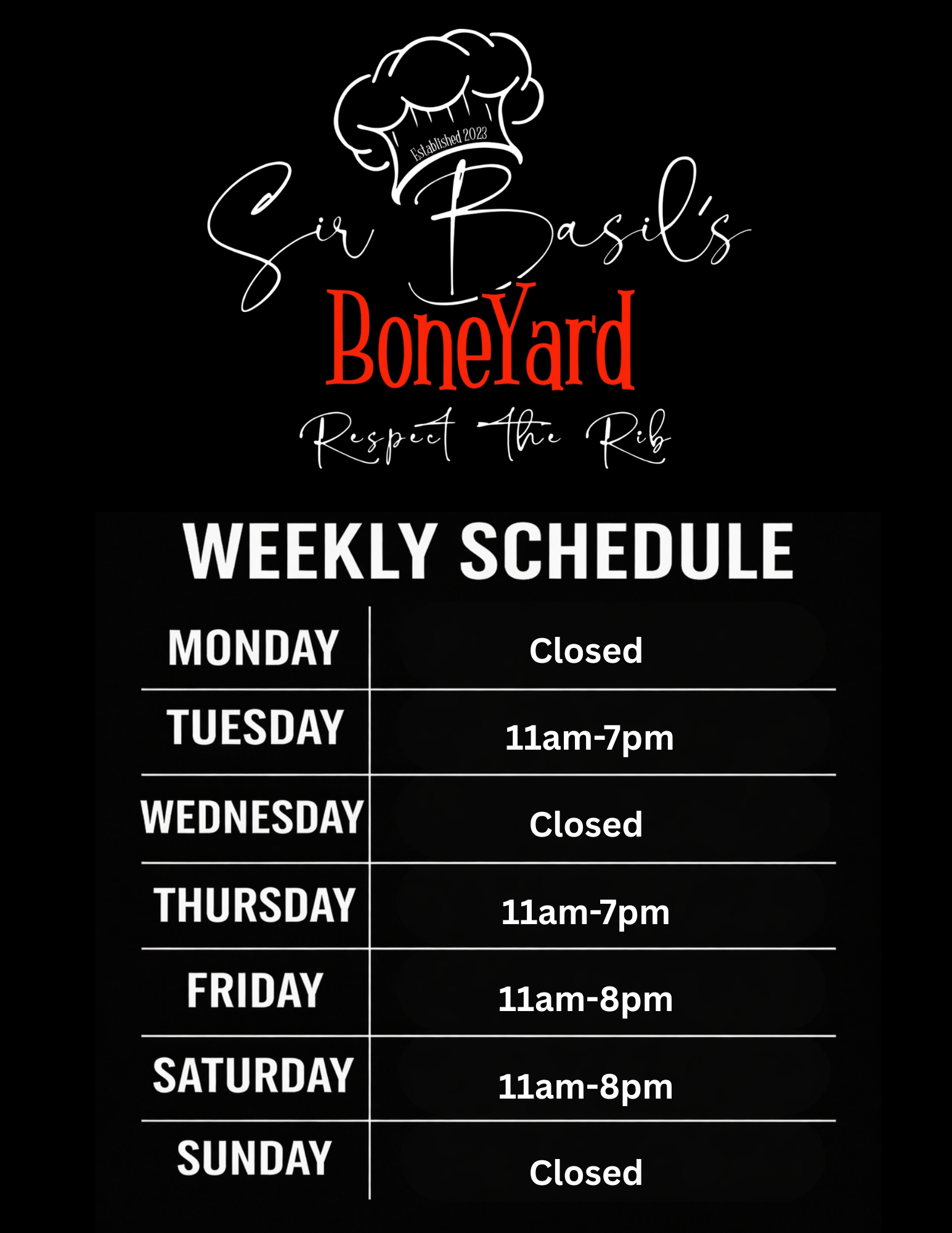Sir Basil's Boneyard Weekly Schedule
