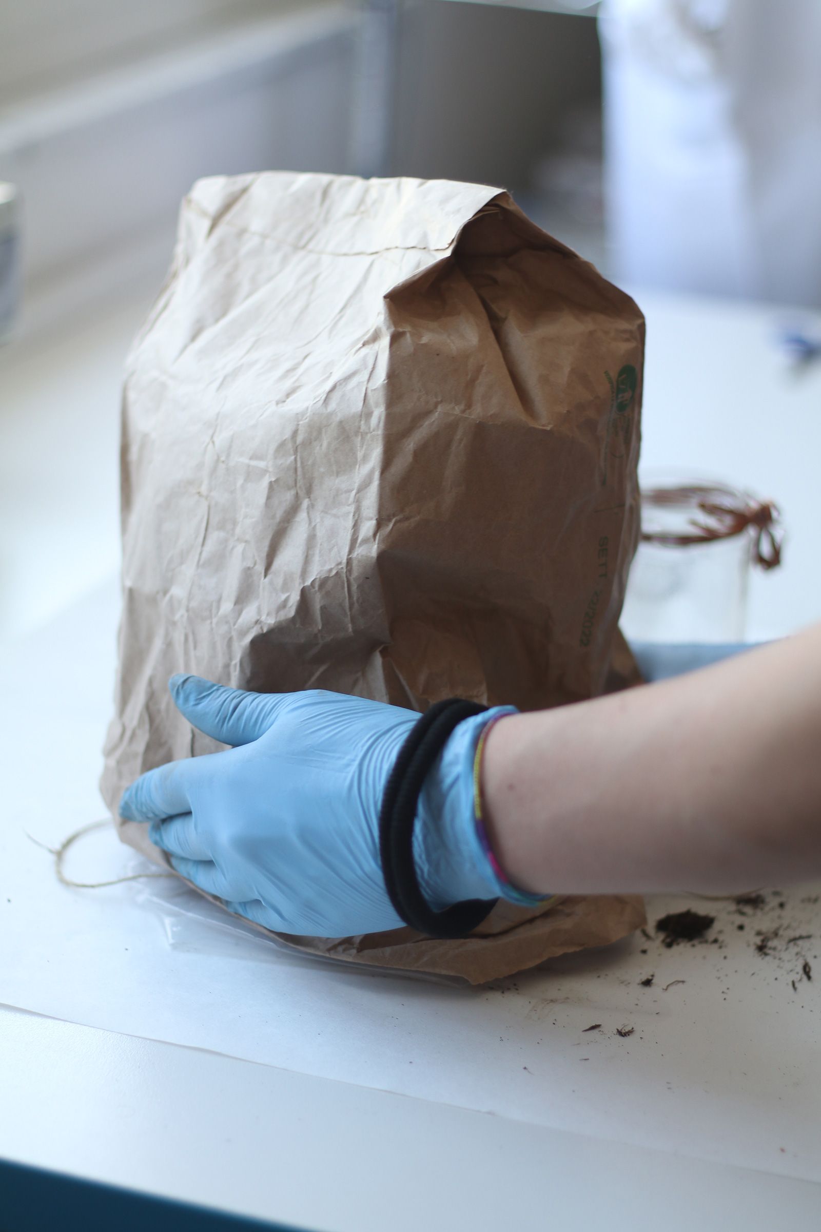 Mano con guanto blu che tiene un sacchetto di carta marrone su una superficie bianca.
