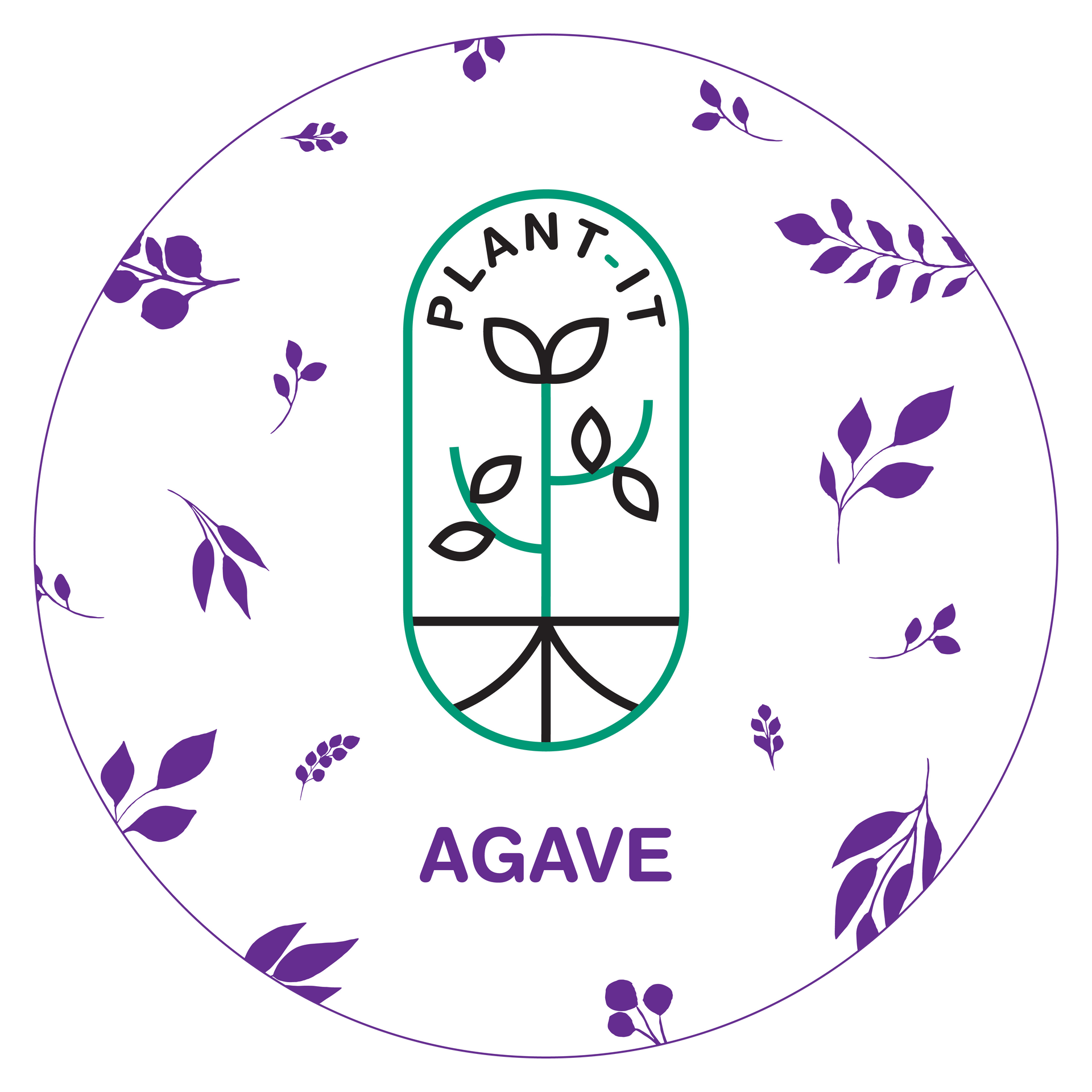 Logo Plant-it Agave. Cerchio bianco con foglie viola. Contorno verde attorno all'icona di una pianta. Testo in alto
