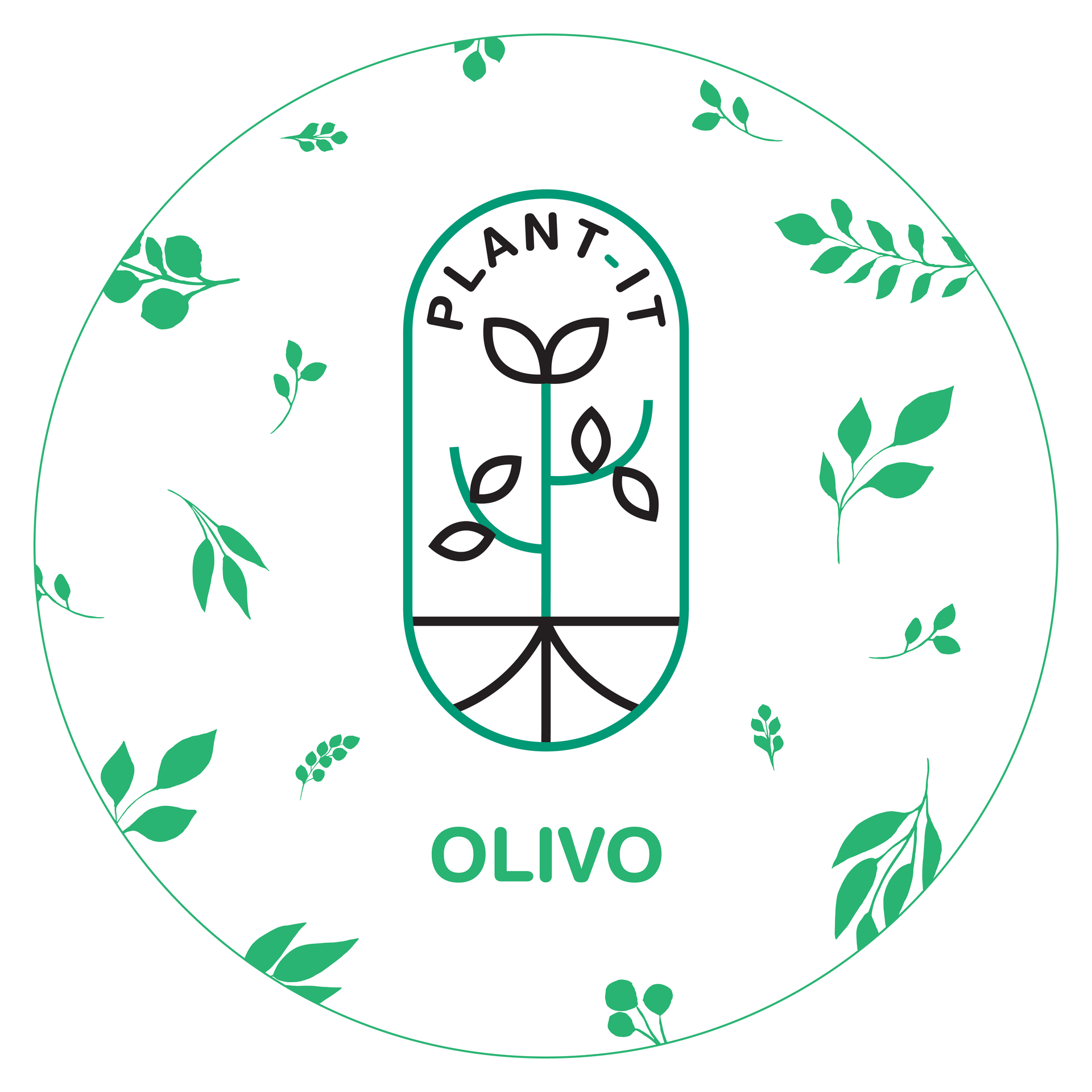 Logo circolare Plant-It Olivo: icona di una pianta verde all'interno di una pillola, circondata da foglie verdi.