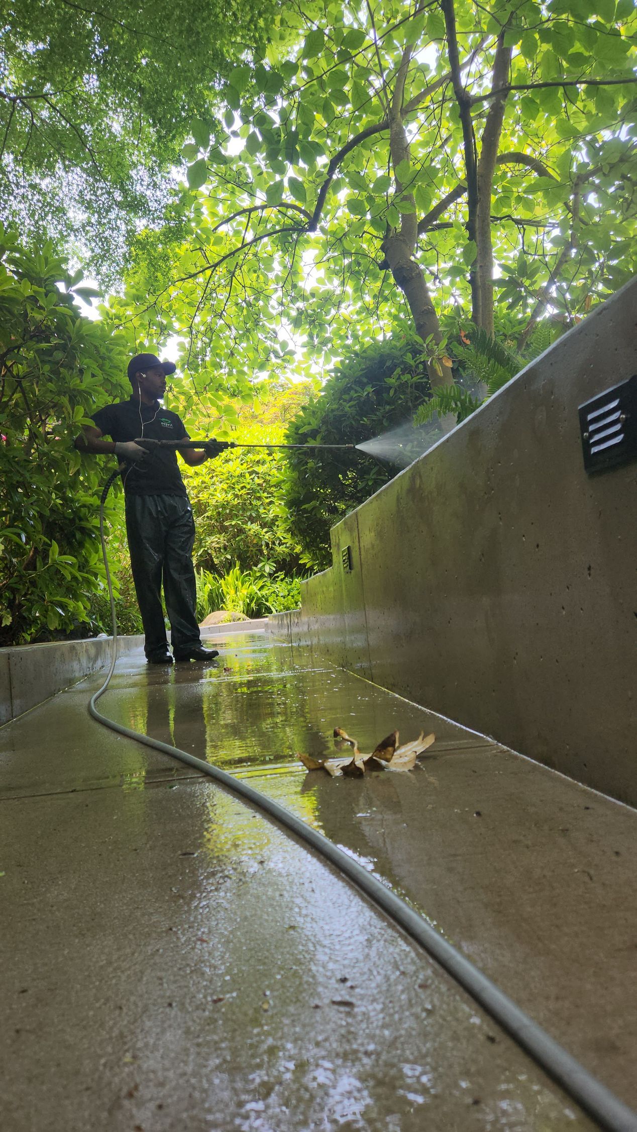 A man is cleaning a sidewalk with a pressure washer.