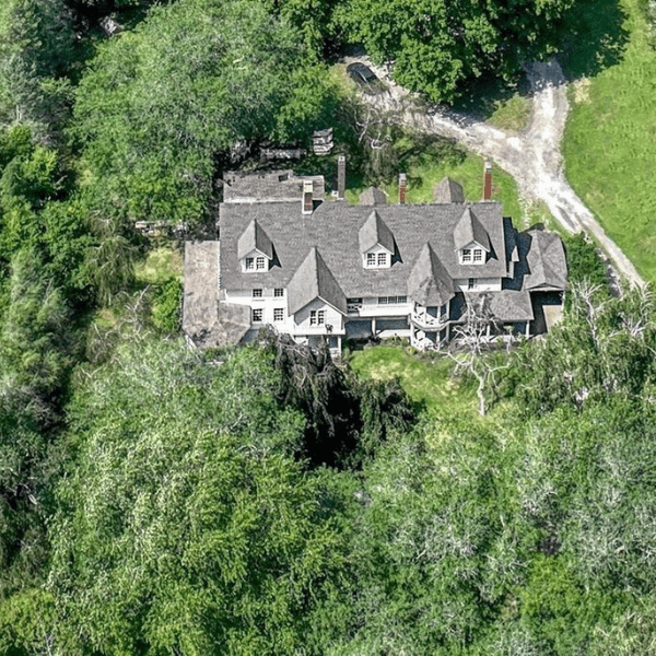 An aerial view of a large house surrounded by trees