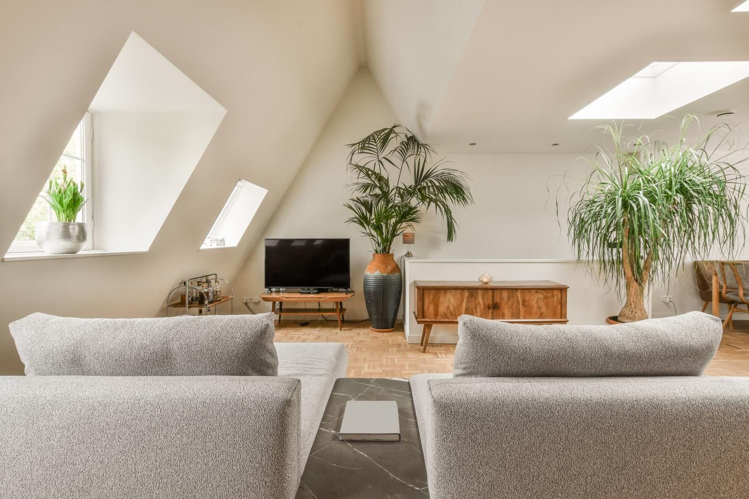 A living room with two chairs , a couch , a television and a potted plant.