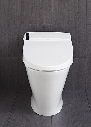 A white toilet is sitting on a tiled floor in a bathroom.