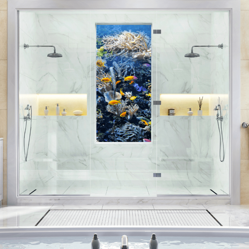 A bathroom with a picture of a coral reef on the wall