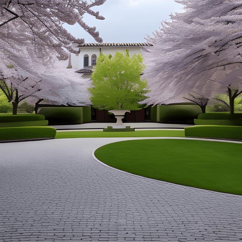 A brick driveway leading to a house with cherry blossom trees