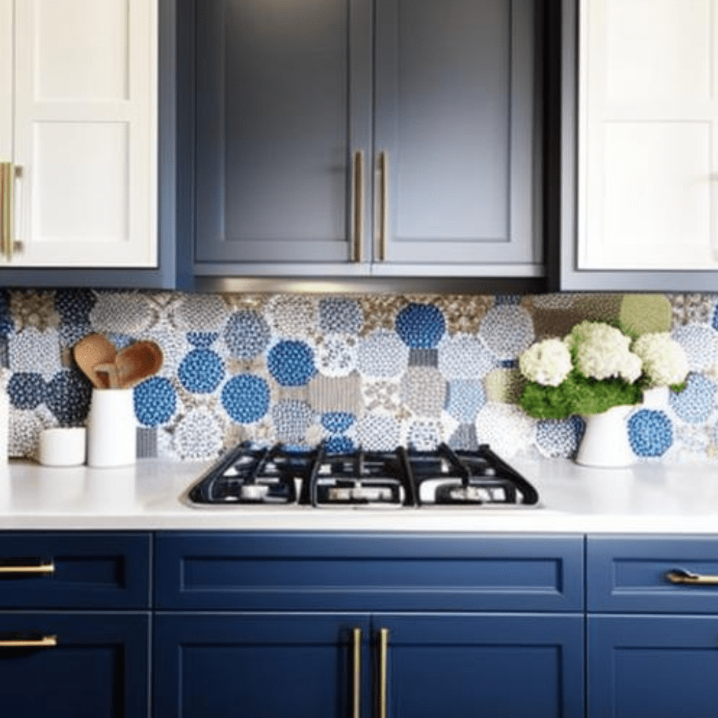 blue white floral mosaic tile kitchen backsplash