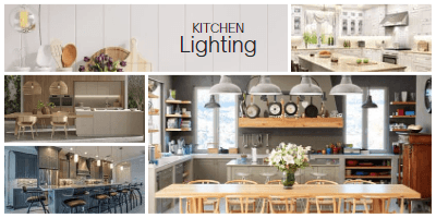 A collage of pictures of kitchens with different types of lighting.