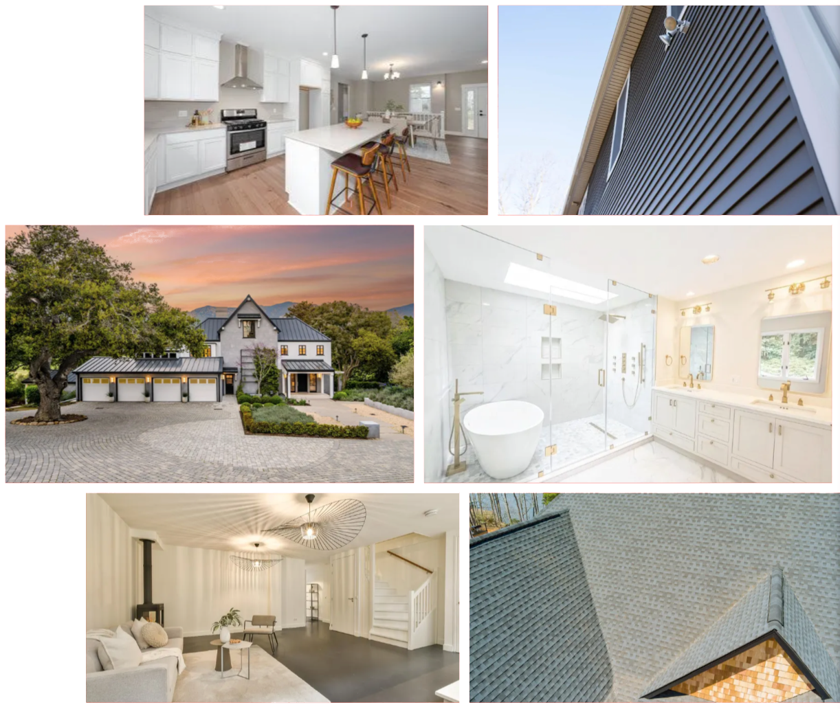 A collage of pictures of a house , kitchen , living room , bathroom and roof.