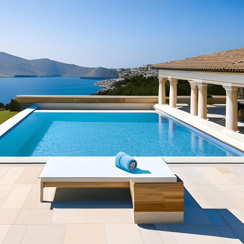 A large swimming pool with mountains in the background