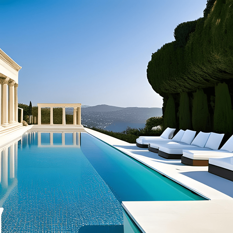 A swimming pool with a view of the ocean and mountains