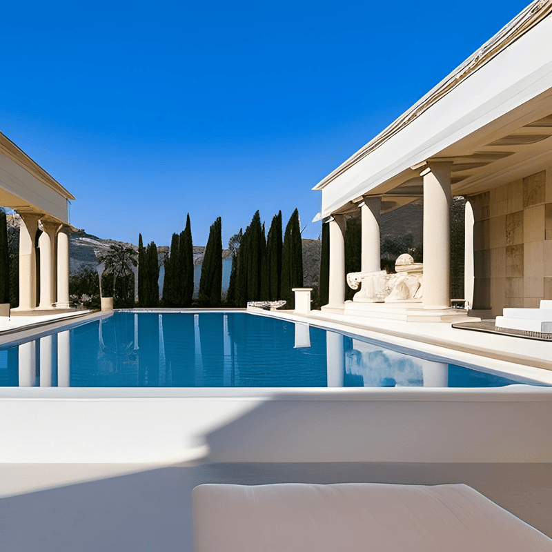 A large swimming pool in front of a building with columns