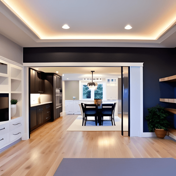 A living room with a dining room table and chairs