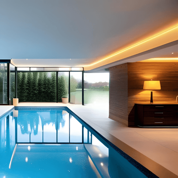 This image presents an indoor swimming pool in a contemporary home. The pool is rectangular and filled with crystal clear water. It is encased within a room that features floor-to-ceiling glass walls on three sides, allowing a panoramic view of the exterior landscape and flooding the space with natural light. The pool deck is finished with sleek, dark tiles that contrast with the light-colored walls and ceiling. There are two modern lounge chairs with cushions on one side of the pool, providing a relaxing seating area. Across the pool, there's a built-in hot tub, subtly separated from the main pool area. On the far end, a set of wide stairs descend into the water, facilitating easy access. The room's design is modern and minimalistic, with a focus on clean lines and simplicity. The overall atmosphere is peaceful and inviting, promoting relaxation and leisure. In summary, the image illustrates a stylish and sophisticated indoor pool area, seamlessly blending the interior with the exterior environment.