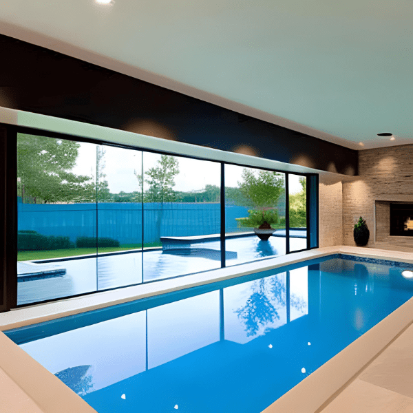 This image features a large indoor swimming pool room in a luxurious home. The room is spacious and elegantly designed, with a rich, dark wood ceiling and large glass windows that let in an abundance of natural light. The room is brightly lit, highlighting the pristine, turquoise water of the rectangular pool. The pool area is surrounded by a light-colored stone deck, providing contrast with the dark ceiling. On one side of the pool, there are two comfortable sun loungers for relaxation. The opposite side features a row of French doors leading out to a patio or garden area, adding to the openness of the space. At the far end of the pool, there's a set of built-in stairs for easy access into the water. The room design is both elegant and minimalist, with the pool being the primary focus. The use of natural materials like stone and wood, combined with the large windows, creates a serene and harmonious environment. In summary, the image depicts a luxurious and serene indoor pool area, perfect for relaxation and leisure swimming.