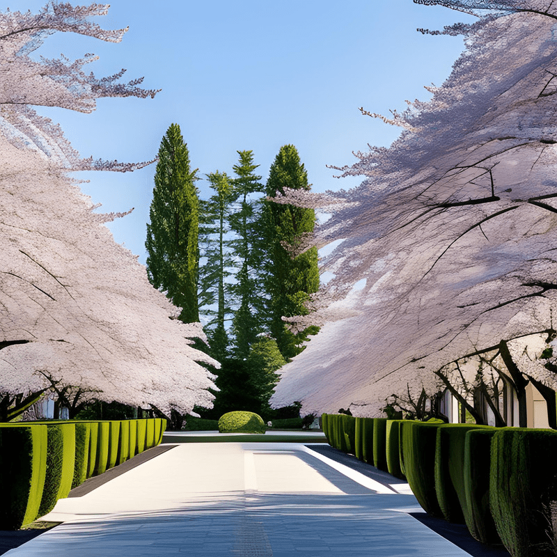 A row of cherry blossom trees along a road