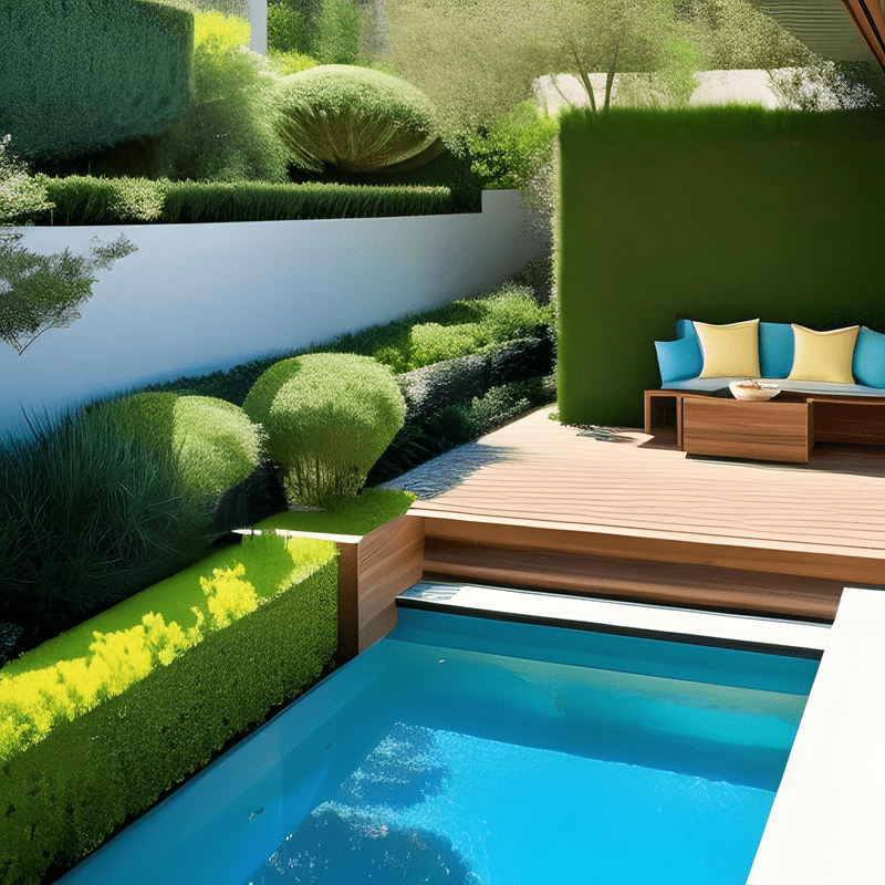 A swimming pool with a couch in the background