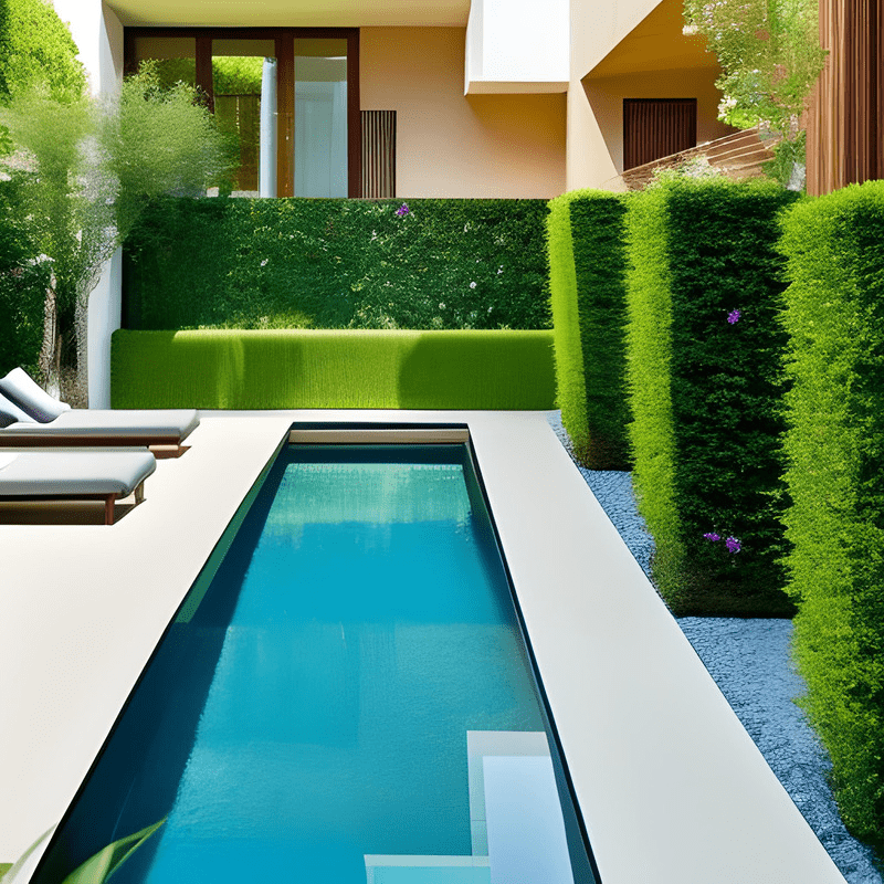 A swimming pool is surrounded by a lush green hedge