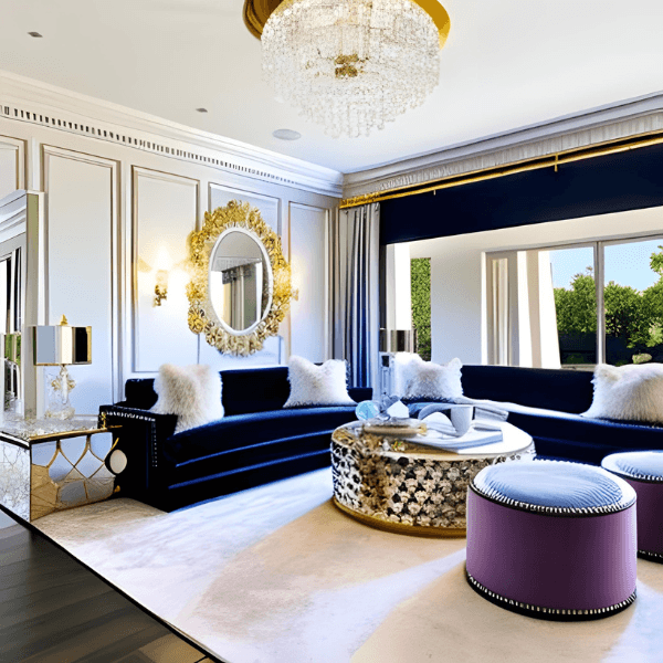 A living room with a blue couch and purple ottomans