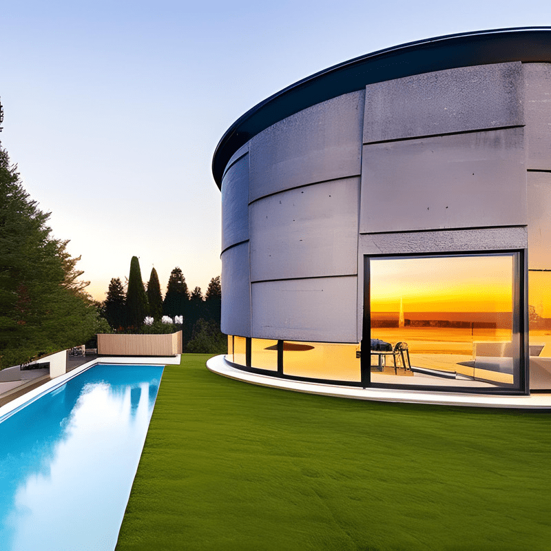 A round building with a swimming pool in front of it