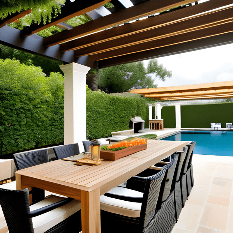 A table and chairs under a pergola next to a swimming pool