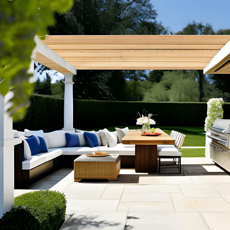 A patio with a table and chairs under a pergola