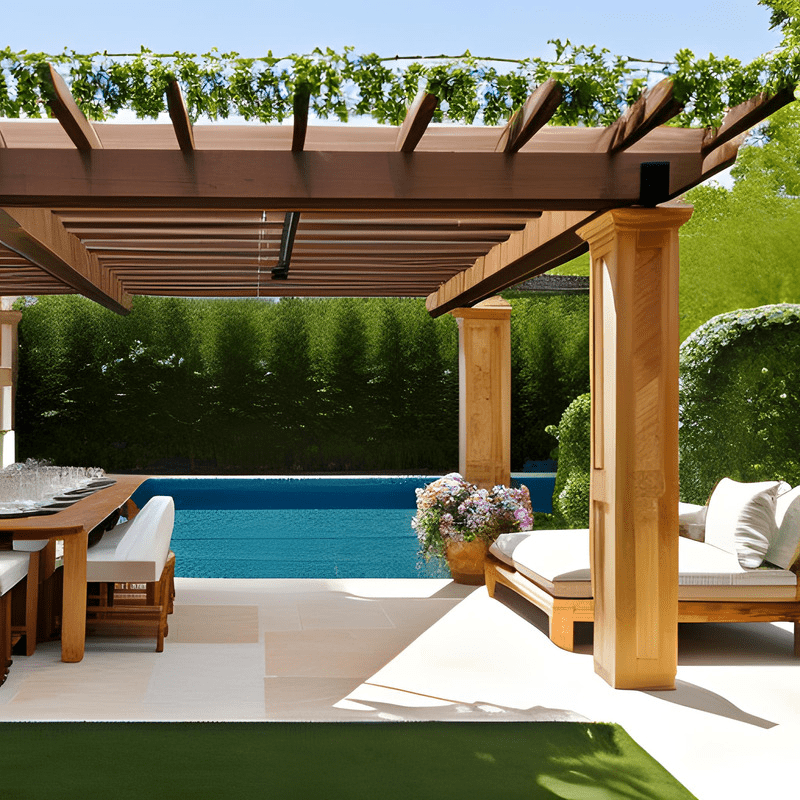 A patio with a pergola overlooking a swimming pool