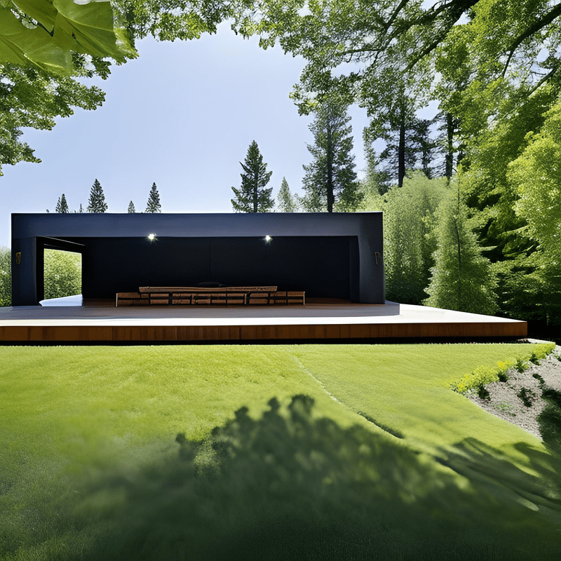 A black building with a wooden deck sits in the middle of a lush green field