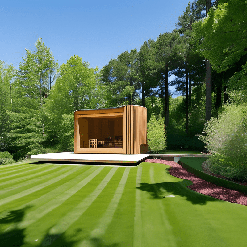 An artist 's impression of a wooden structure in the middle of a lush green field